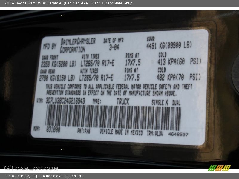 2004 Ram 3500 Laramie Quad Cab 4x4 Black Color Code PX8