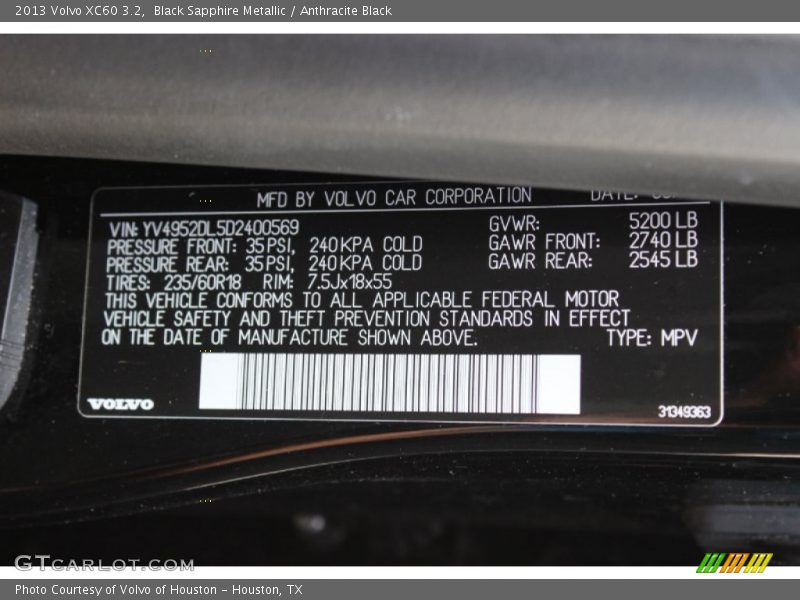 Black Sapphire Metallic / Anthracite Black 2013 Volvo XC60 3.2
