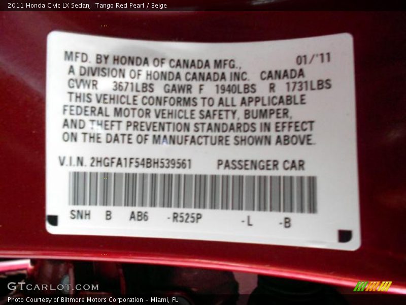 Tango Red Pearl / Beige 2011 Honda Civic LX Sedan