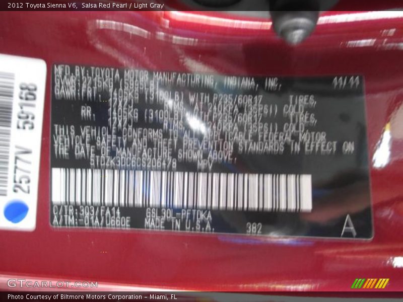 Salsa Red Pearl / Light Gray 2012 Toyota Sienna V6