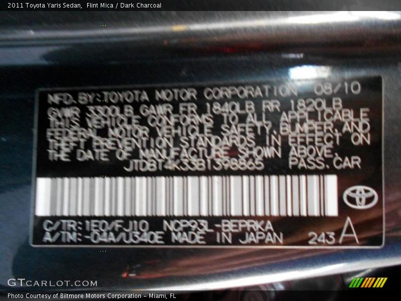 Flint Mica / Dark Charcoal 2011 Toyota Yaris Sedan
