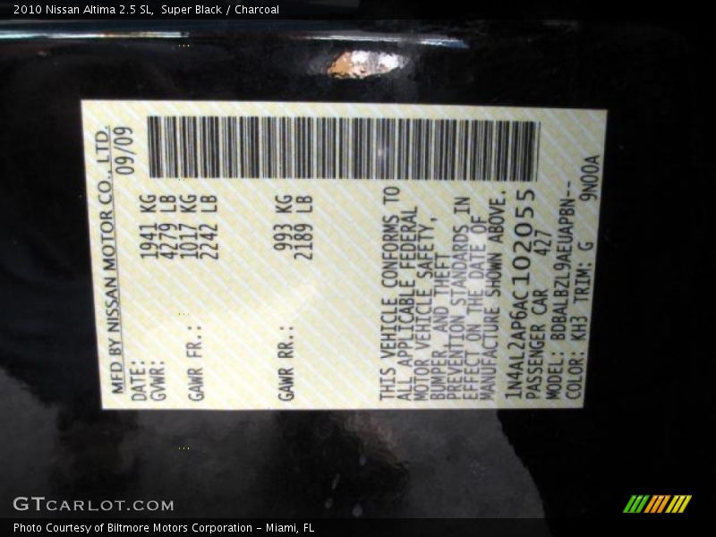 Super Black / Charcoal 2010 Nissan Altima 2.5 SL