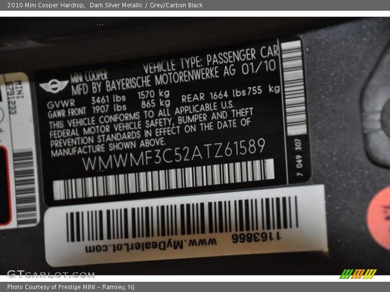 Dark Silver Metallic / Grey/Carbon Black 2010 Mini Cooper Hardtop