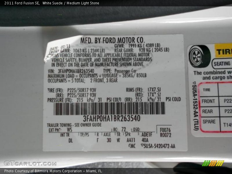 White Suede / Medium Light Stone 2011 Ford Fusion SE