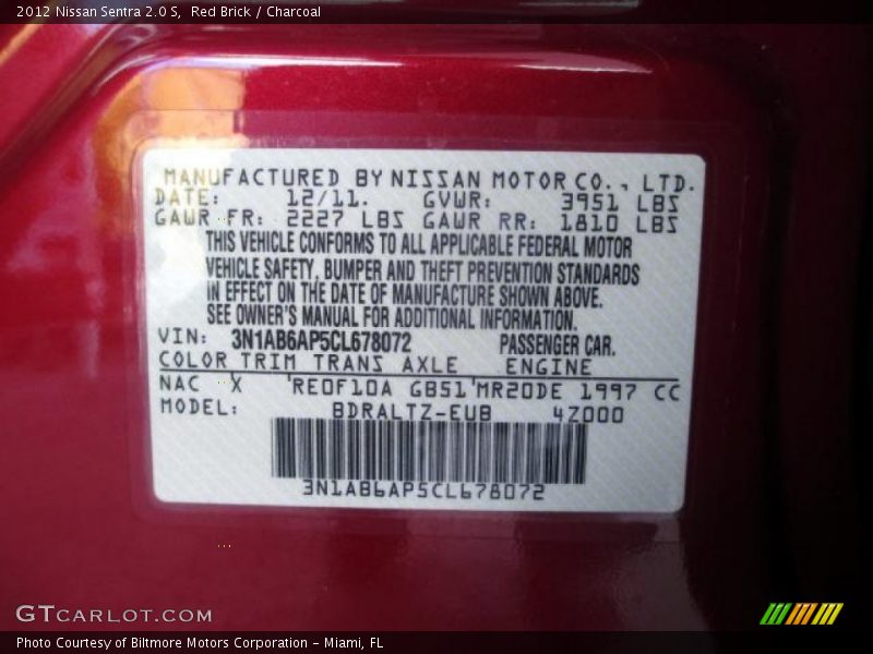 Red Brick / Charcoal 2012 Nissan Sentra 2.0 S