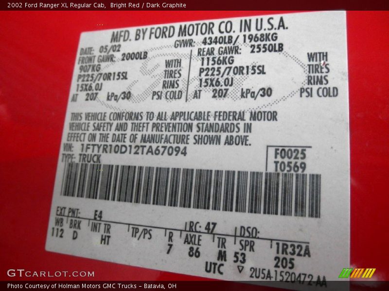 Bright Red / Dark Graphite 2002 Ford Ranger XL Regular Cab