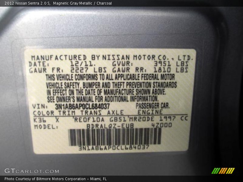 Magnetic Gray Metallic / Charcoal 2012 Nissan Sentra 2.0 S