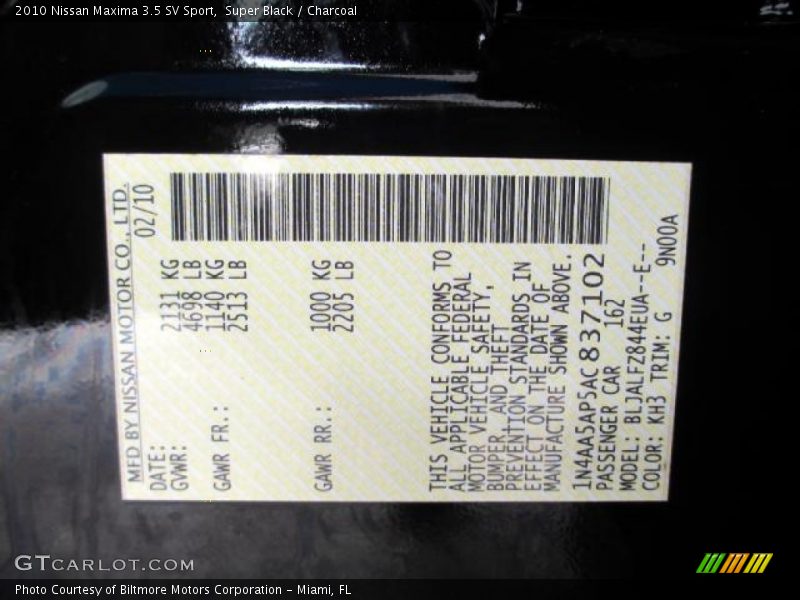Super Black / Charcoal 2010 Nissan Maxima 3.5 SV Sport