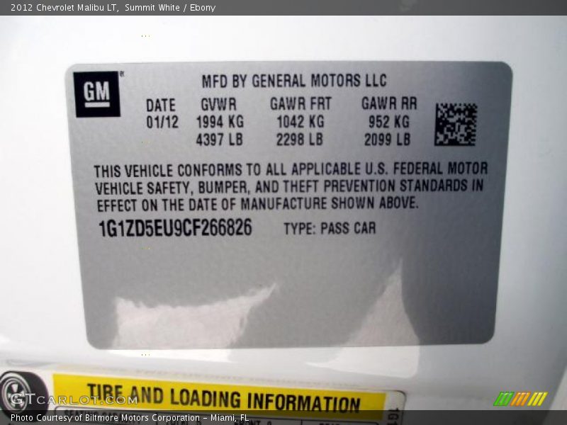 Summit White / Ebony 2012 Chevrolet Malibu LT