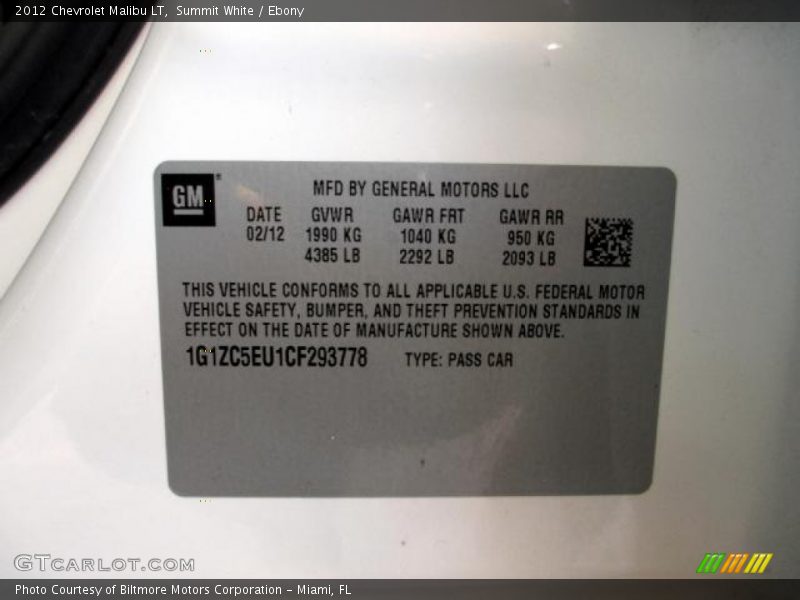 Summit White / Ebony 2012 Chevrolet Malibu LT