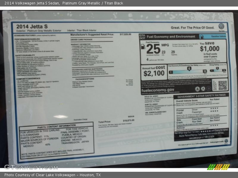 Platinum Gray Metallic / Titan Black 2014 Volkswagen Jetta S Sedan