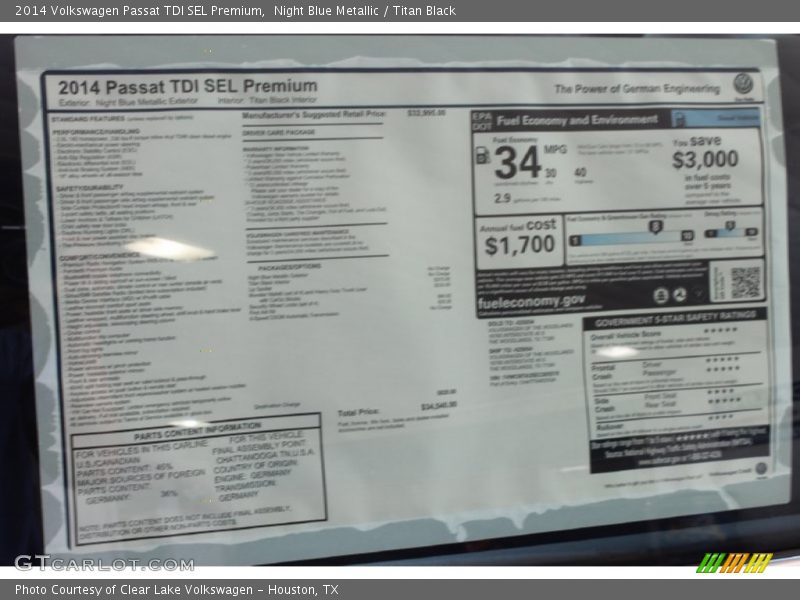 Night Blue Metallic / Titan Black 2014 Volkswagen Passat TDI SEL Premium