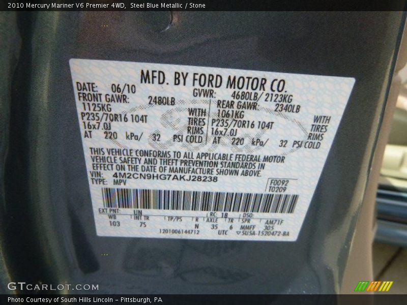 Steel Blue Metallic / Stone 2010 Mercury Mariner V6 Premier 4WD