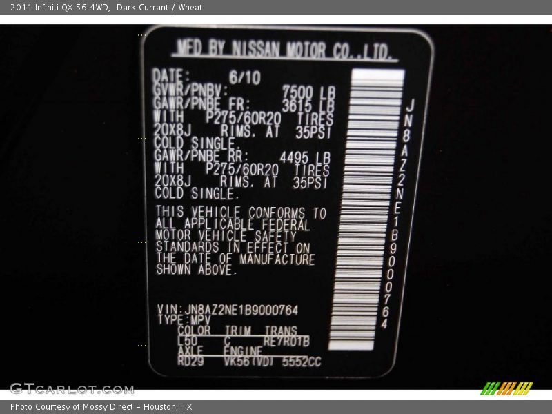 Dark Currant / Wheat 2011 Infiniti QX 56 4WD