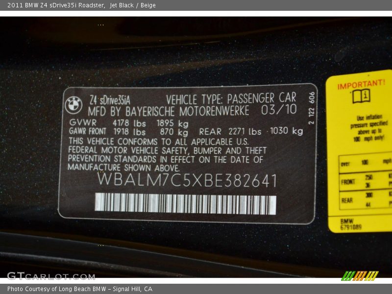 Info Tag of 2011 Z4 sDrive35i Roadster