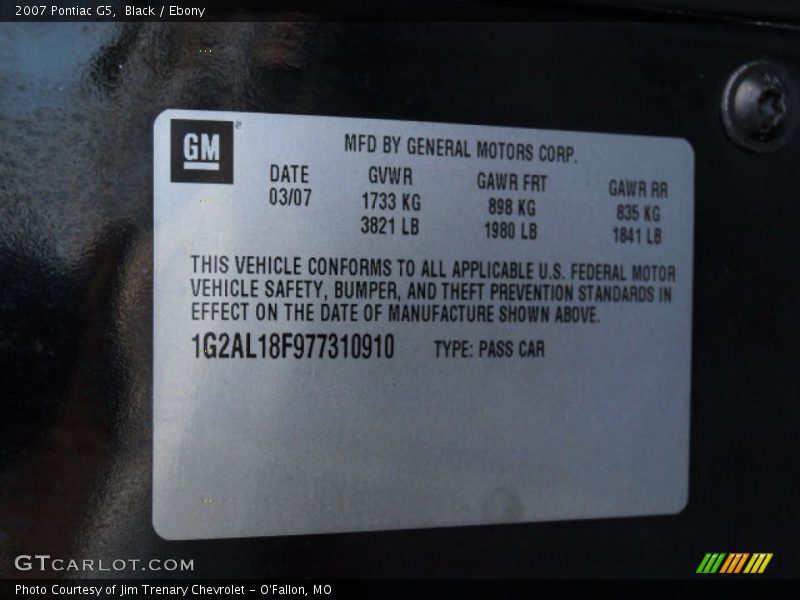Black / Ebony 2007 Pontiac G5