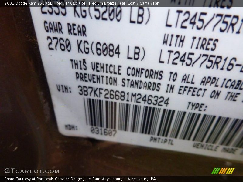 Medium Bronze Pearl Coat / Camel/Tan 2001 Dodge Ram 2500 SLT Regular Cab 4x4