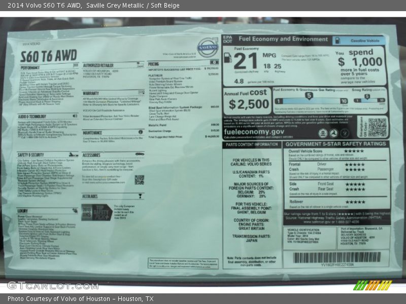  2014 S60 T6 AWD Window Sticker