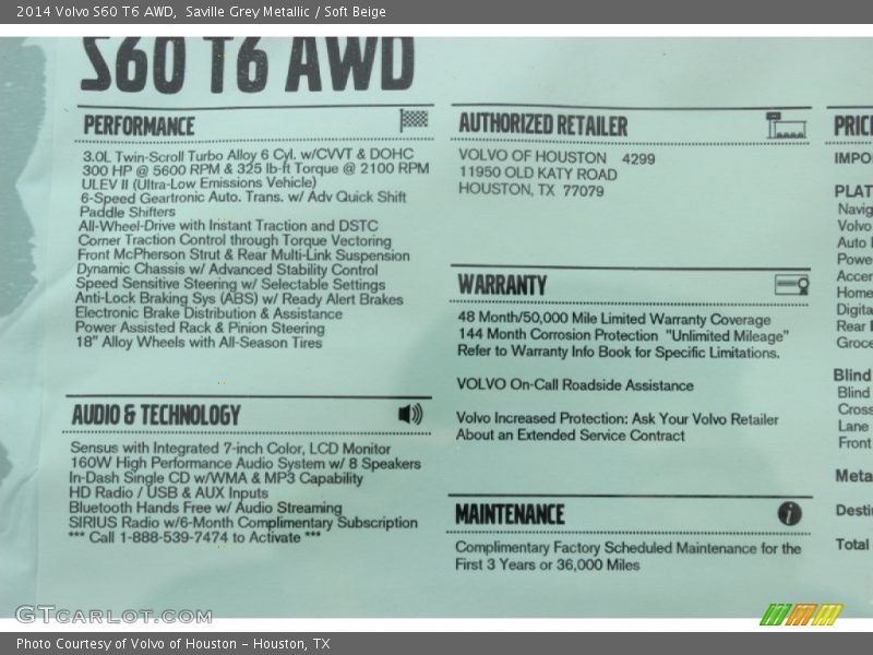  2014 S60 T6 AWD Window Sticker