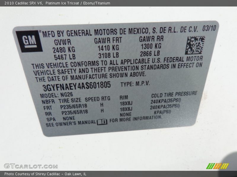 Platinum Ice Tricoat / Ebony/Titanium 2010 Cadillac SRX V6