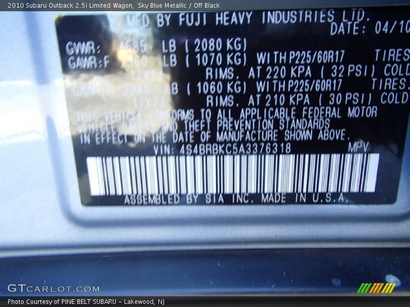 Sky Blue Metallic / Off Black 2010 Subaru Outback 2.5i Limited Wagon