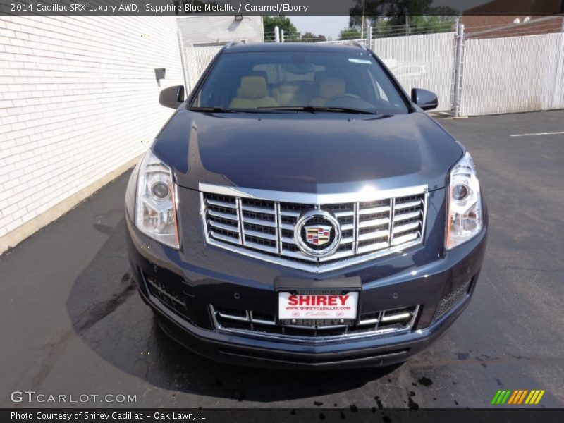 Sapphire Blue Metallic / Caramel/Ebony 2014 Cadillac SRX Luxury AWD