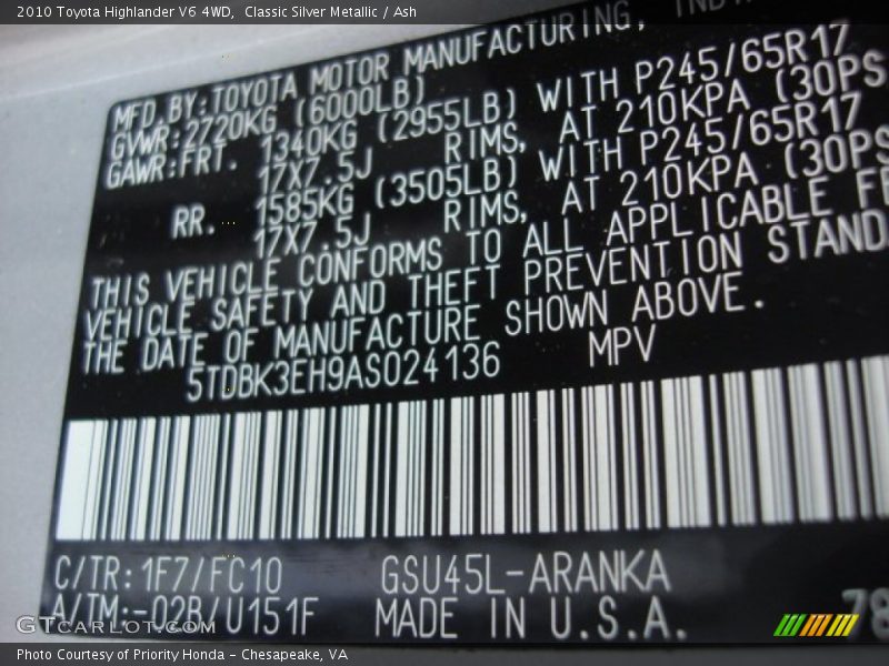 Classic Silver Metallic / Ash 2010 Toyota Highlander V6 4WD