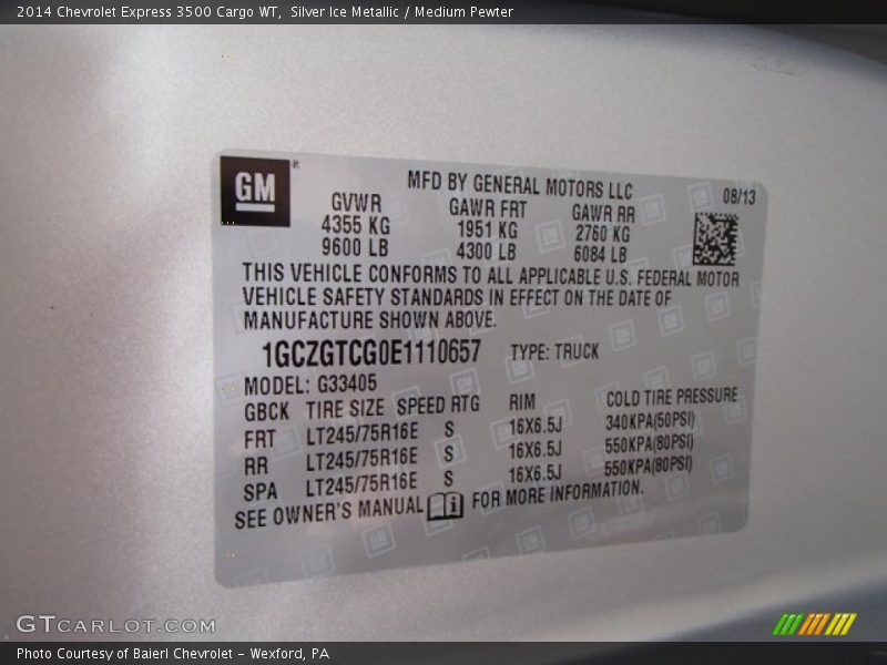 Info Tag of 2014 Express 3500 Cargo WT