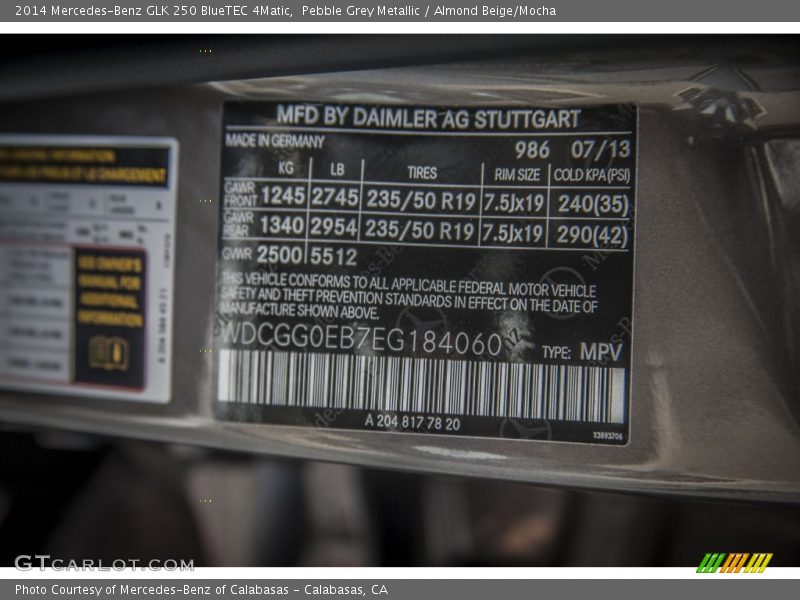 2014 GLK 250 BlueTEC 4Matic Pebble Grey Metallic Color Code 986
