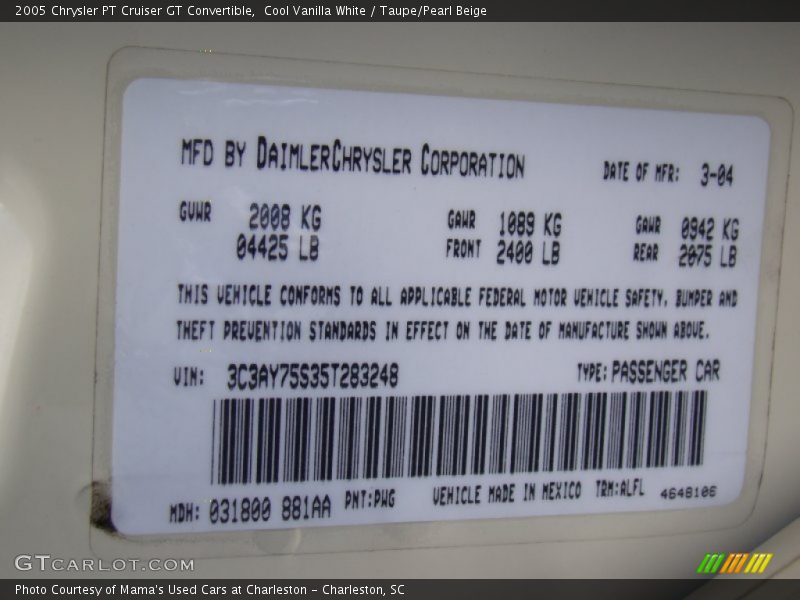 2005 PT Cruiser GT Convertible Cool Vanilla White Color Code PWG