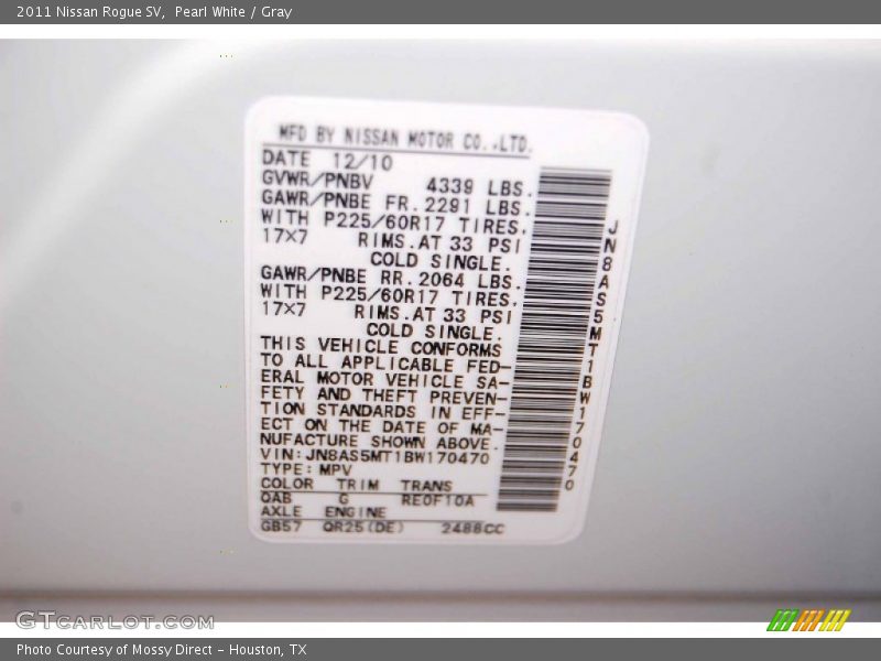 Pearl White / Gray 2011 Nissan Rogue SV