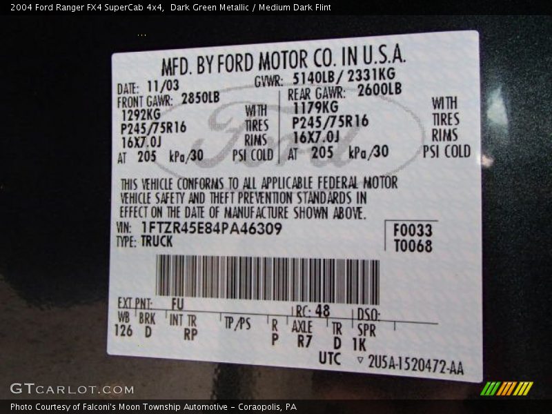 2004 Ranger FX4 SuperCab 4x4 Dark Green Metallic Color Code FU