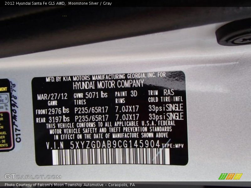 Moonstone Silver / Gray 2012 Hyundai Santa Fe GLS AWD