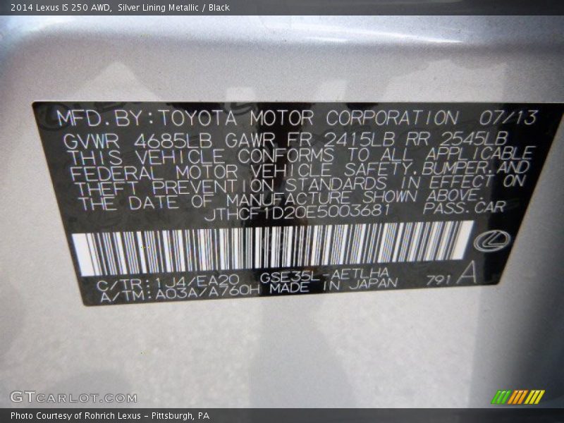 2014 IS 250 AWD Silver Lining Metallic Color Code 1J4