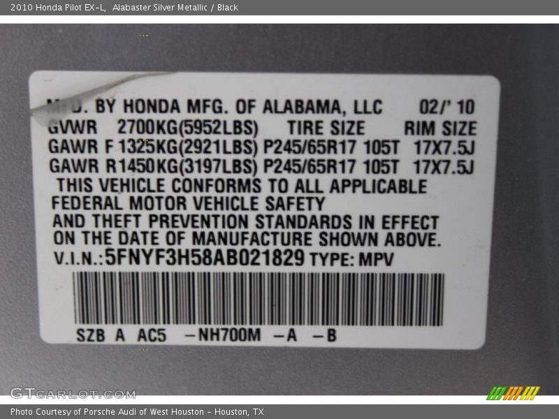 Alabaster Silver Metallic / Black 2010 Honda Pilot EX-L