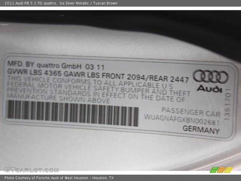 Ice Silver Metallic / Tuscan Brown 2011 Audi R8 5.2 FSI quattro