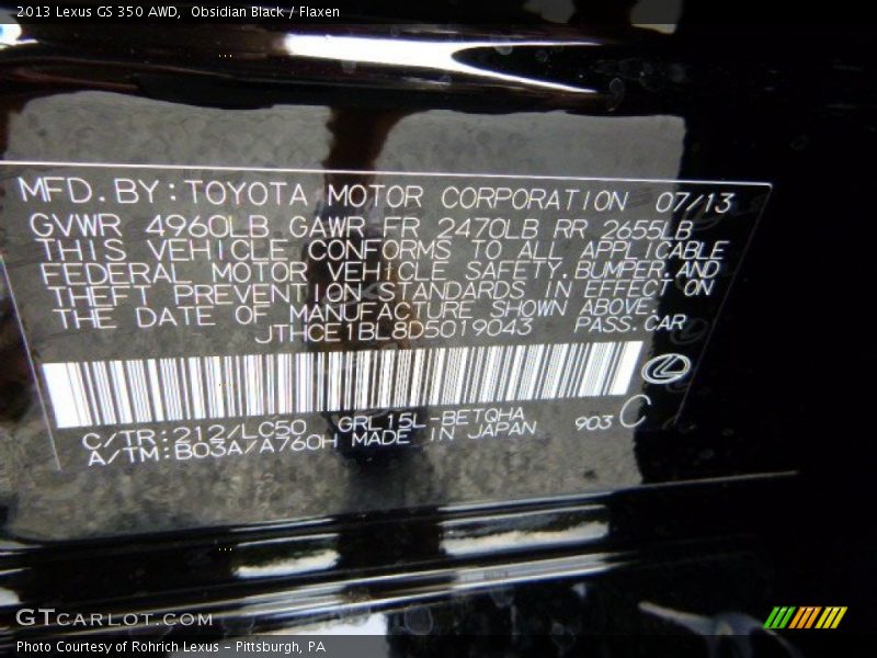 2013 GS 350 AWD Obsidian Black Color Code 212