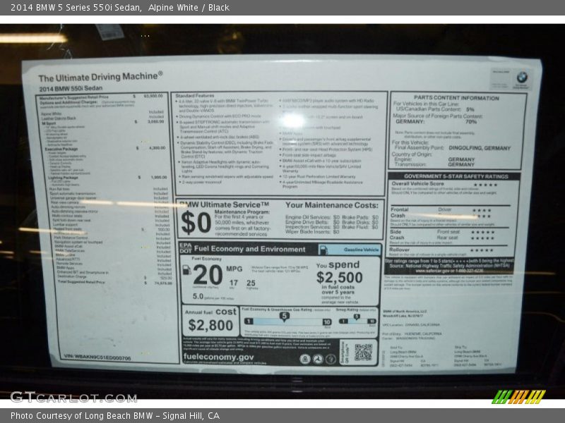  2014 5 Series 550i Sedan Window Sticker