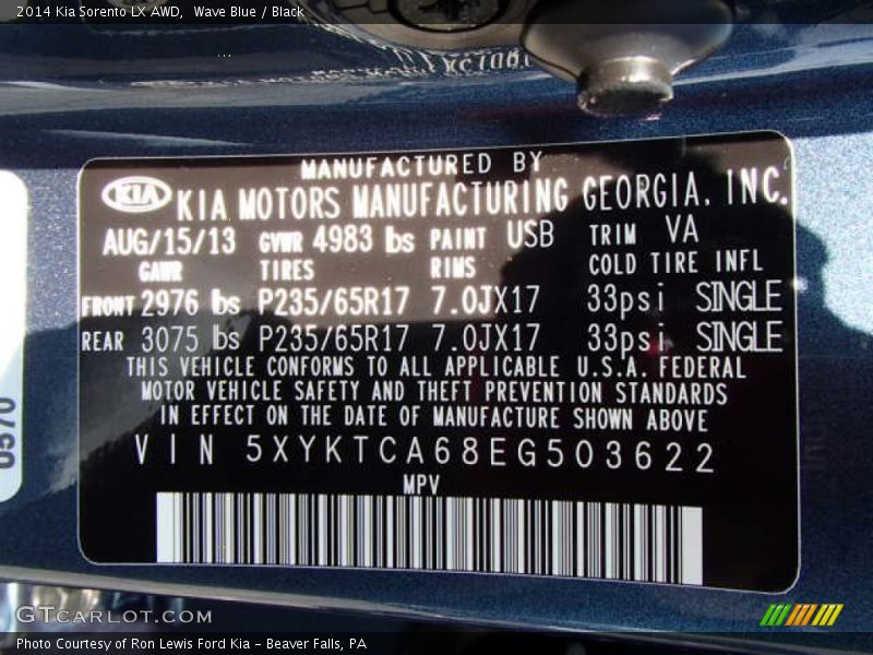 2014 Sorento LX AWD Wave Blue Color Code USB