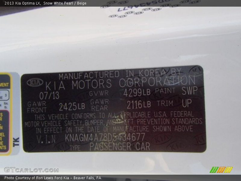 Snow White Pearl / Beige 2013 Kia Optima LX