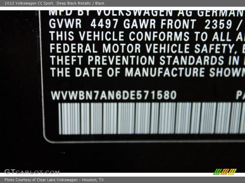 Deep Black Metallic / Black 2013 Volkswagen CC Sport