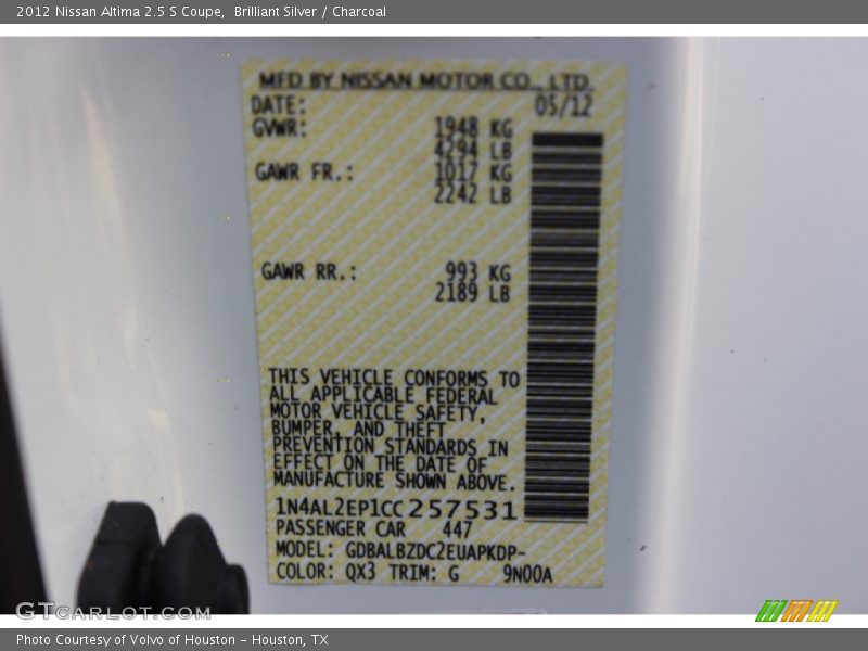 Brilliant Silver / Charcoal 2012 Nissan Altima 2.5 S Coupe