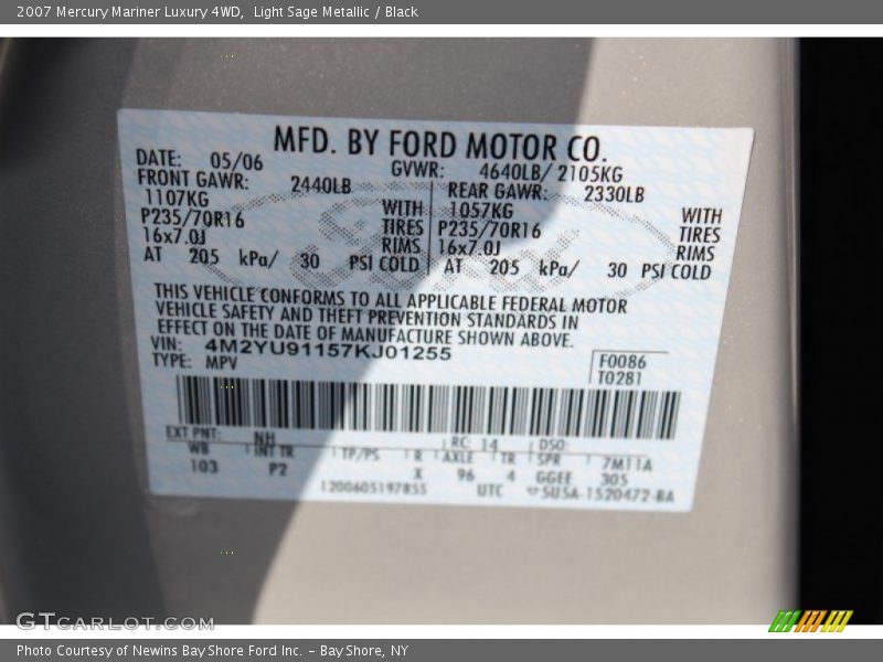 2007 Mariner Luxury 4WD Light Sage Metallic Color Code NH