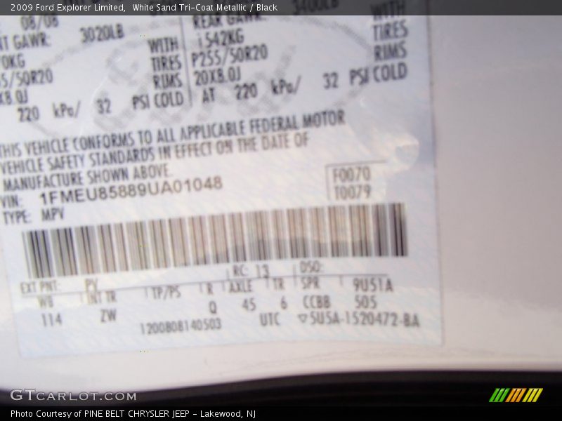 2009 Explorer Limited White Sand Tri-Coat Metallic Color Code PV