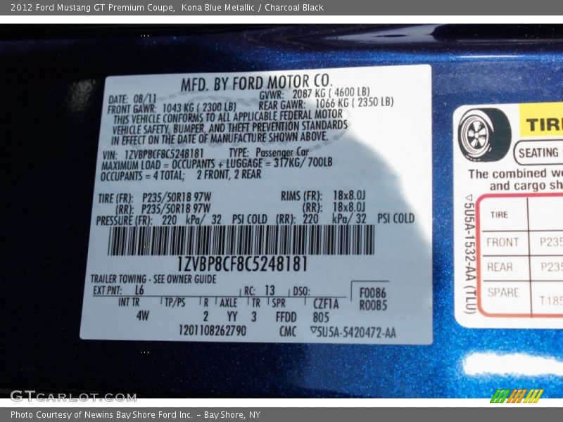 2012 Mustang GT Premium Coupe Kona Blue Metallic Color Code L6