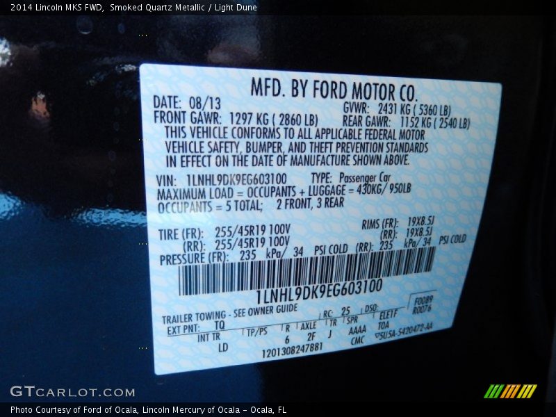 2014 MKS FWD Smoked Quartz Metallic Color Code TQ