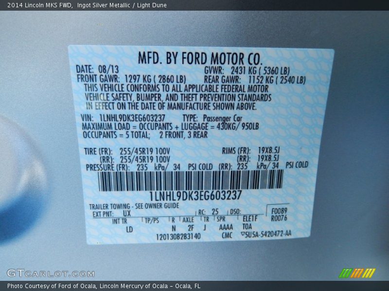 2014 MKS FWD Ingot Silver Metallic Color Code UX