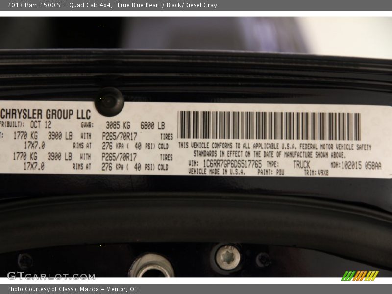 2013 1500 SLT Quad Cab 4x4 True Blue Pearl Color Code PBU