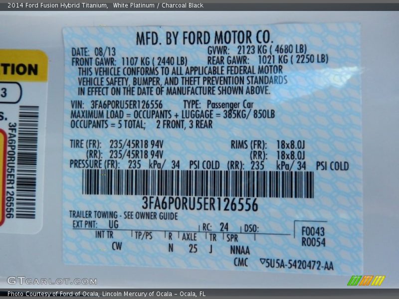 2014 Fusion Hybrid Titanium White Platinum Color Code UG