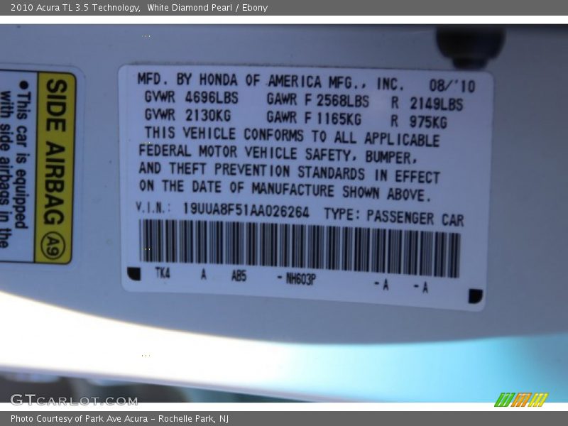 White Diamond Pearl / Ebony 2010 Acura TL 3.5 Technology